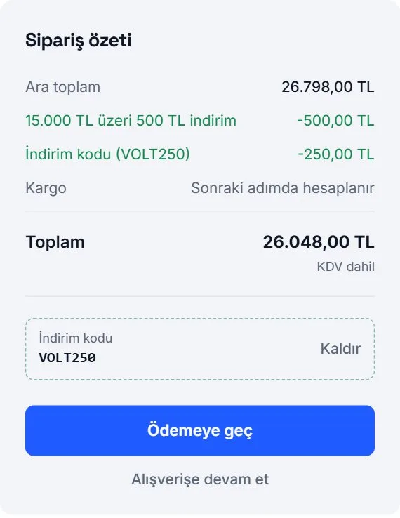 Sepet özeti: sepet indirimi ve indirim kodu ayrı satırlarda