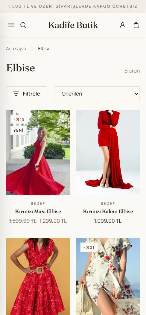 Kadife Butik kategori sayfası