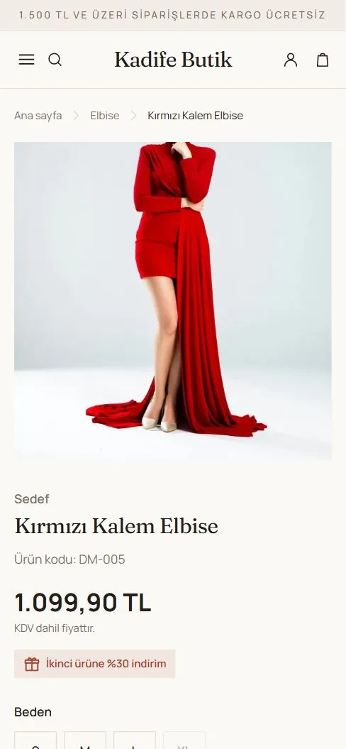 Kadife Butik ürün sayfası
